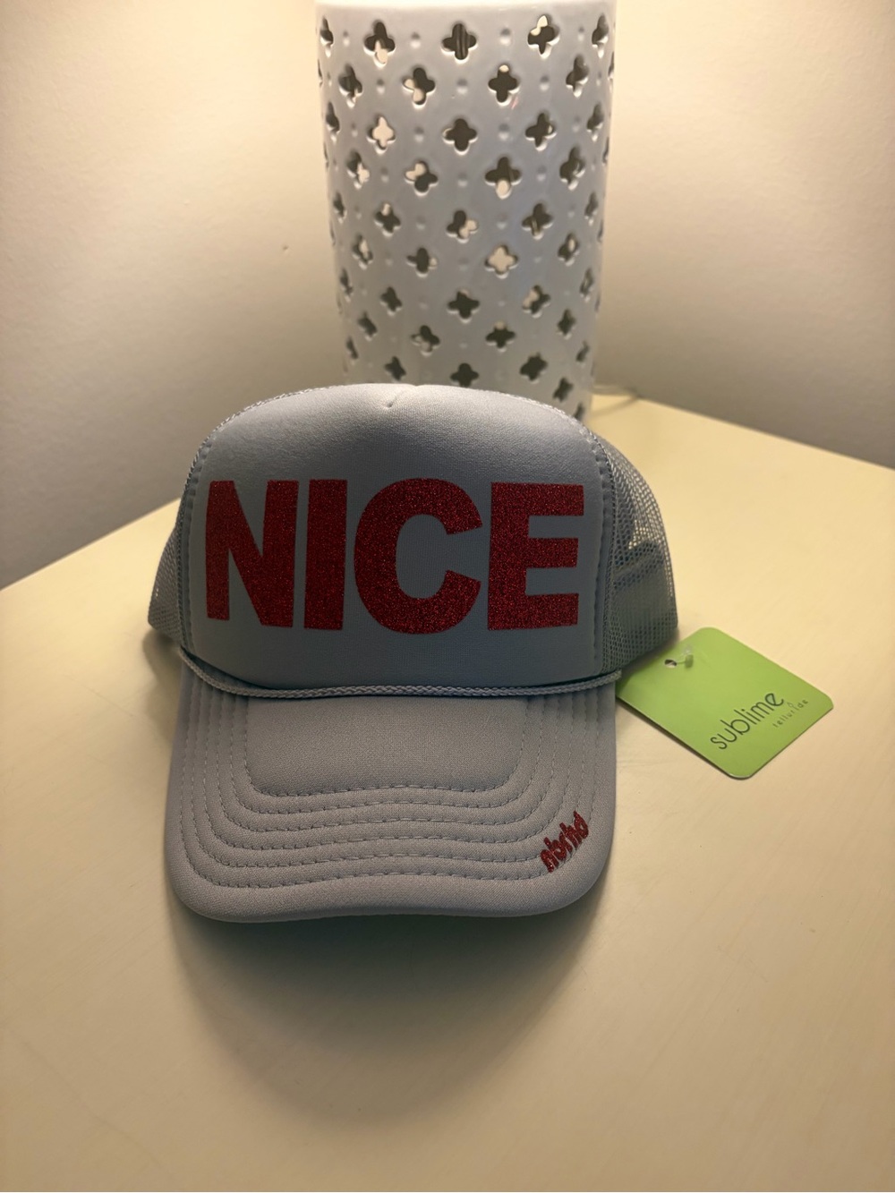 NWT "NICE" Trucker Hat in Light Gray with Red Glitter